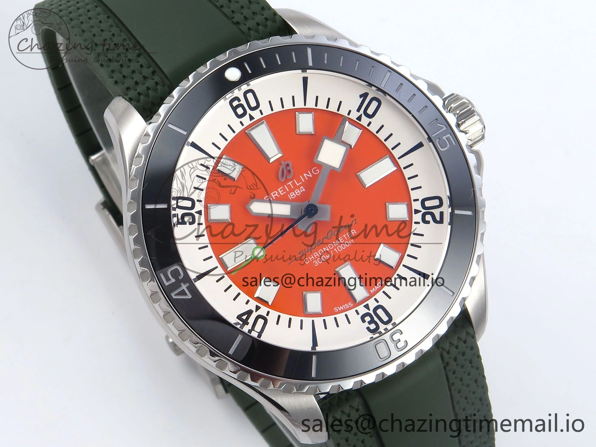 Superocean 44mm SS TF 1:1 Best Edition Orange Dial Black Bezel on Green Rubber Strap A2824
