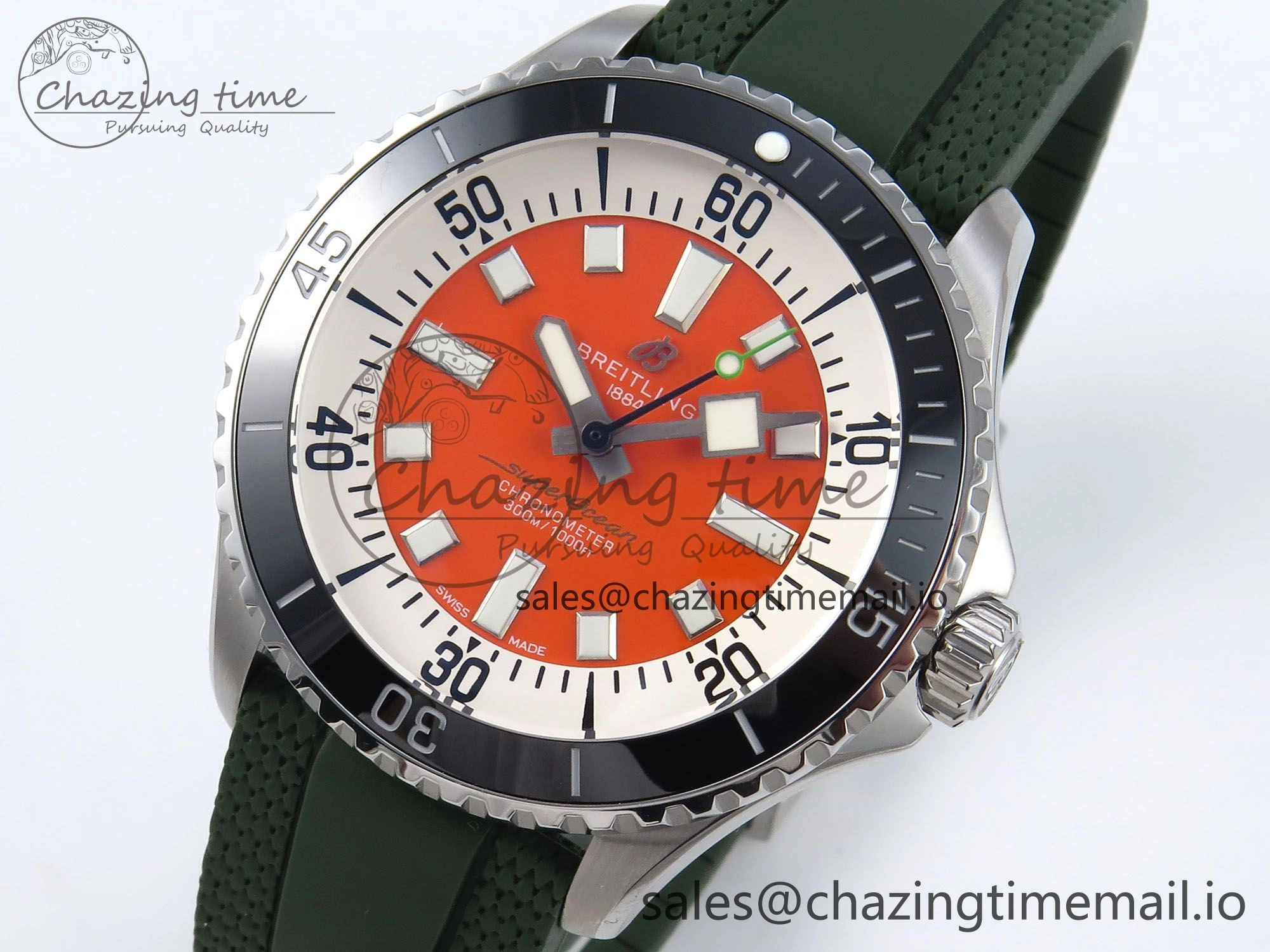 Superocean 44mm SS TF 1:1 Best Edition Orange Dial Black Bezel on Green Rubber Strap A2824