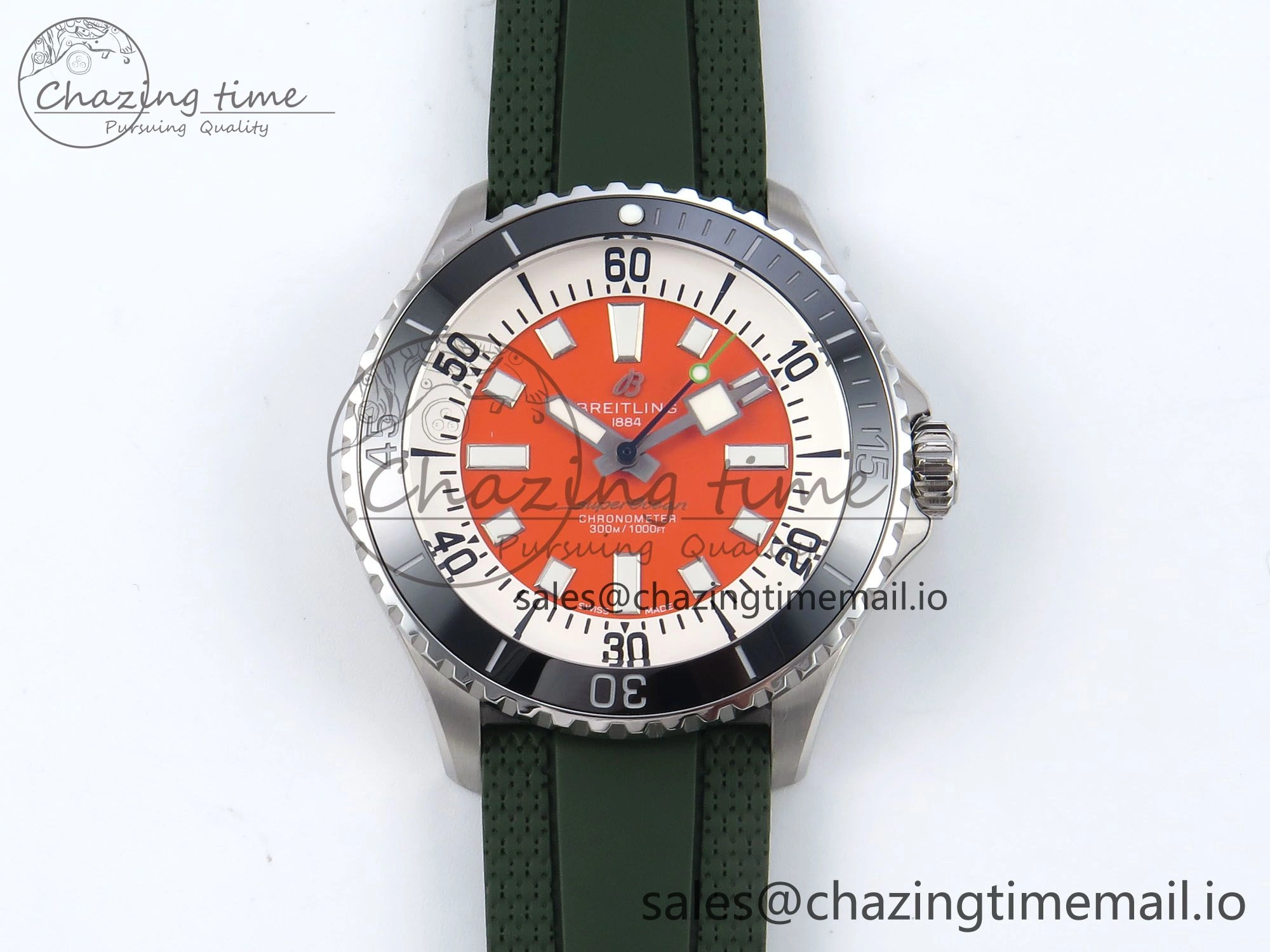 Superocean 44mm SS TF 1:1 Best Edition Orange Dial Black Bezel on Green Rubber Strap A2824