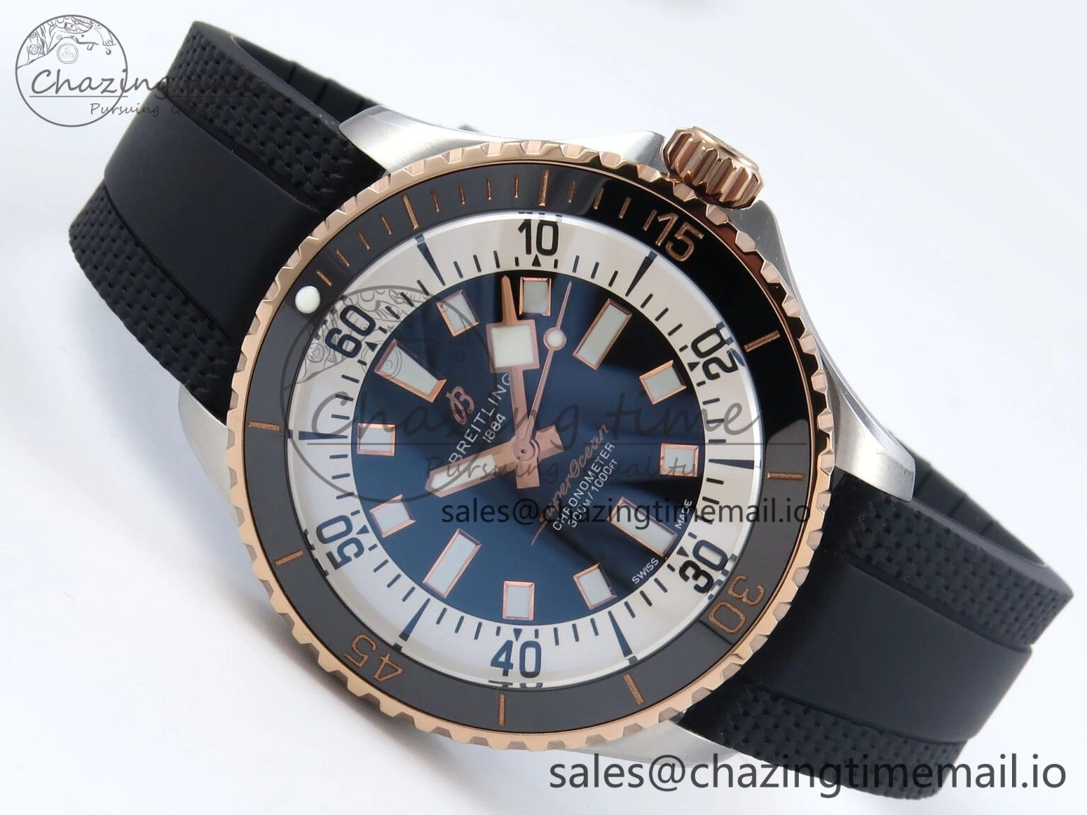 Superocean 44mm SS RG TF 1:1 Best Edition Black Dial Black Bezel on Black Rubber Strap A2824