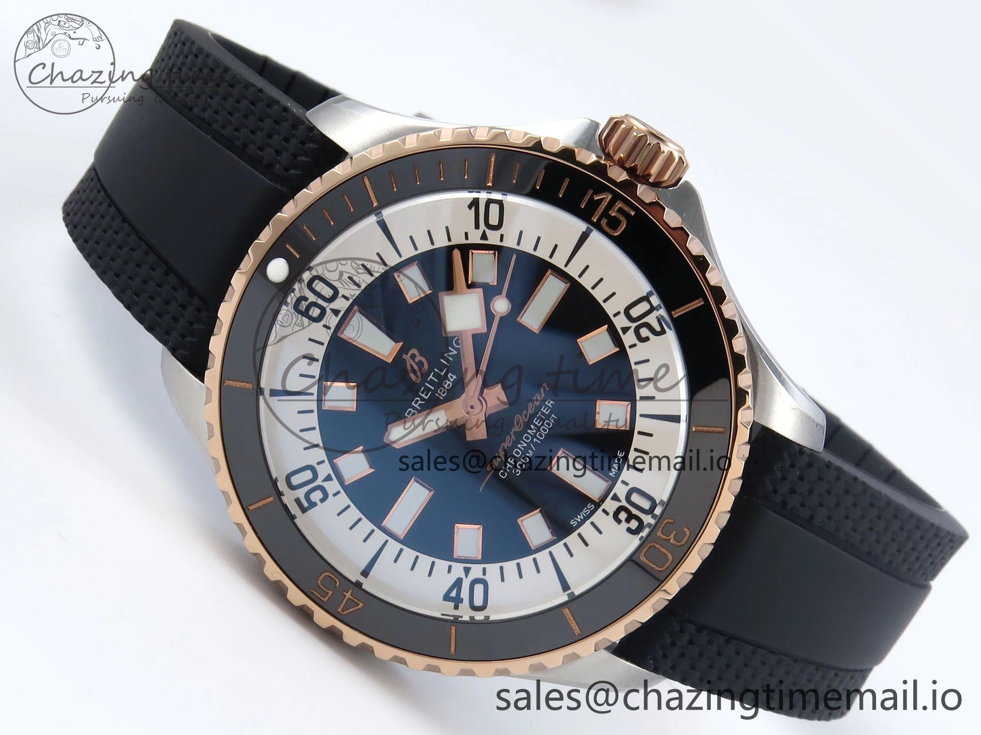 Superocean 44mm SS RG TF 1:1 Best Edition Black Dial Black Bezel on Black Rubber Strap A2824