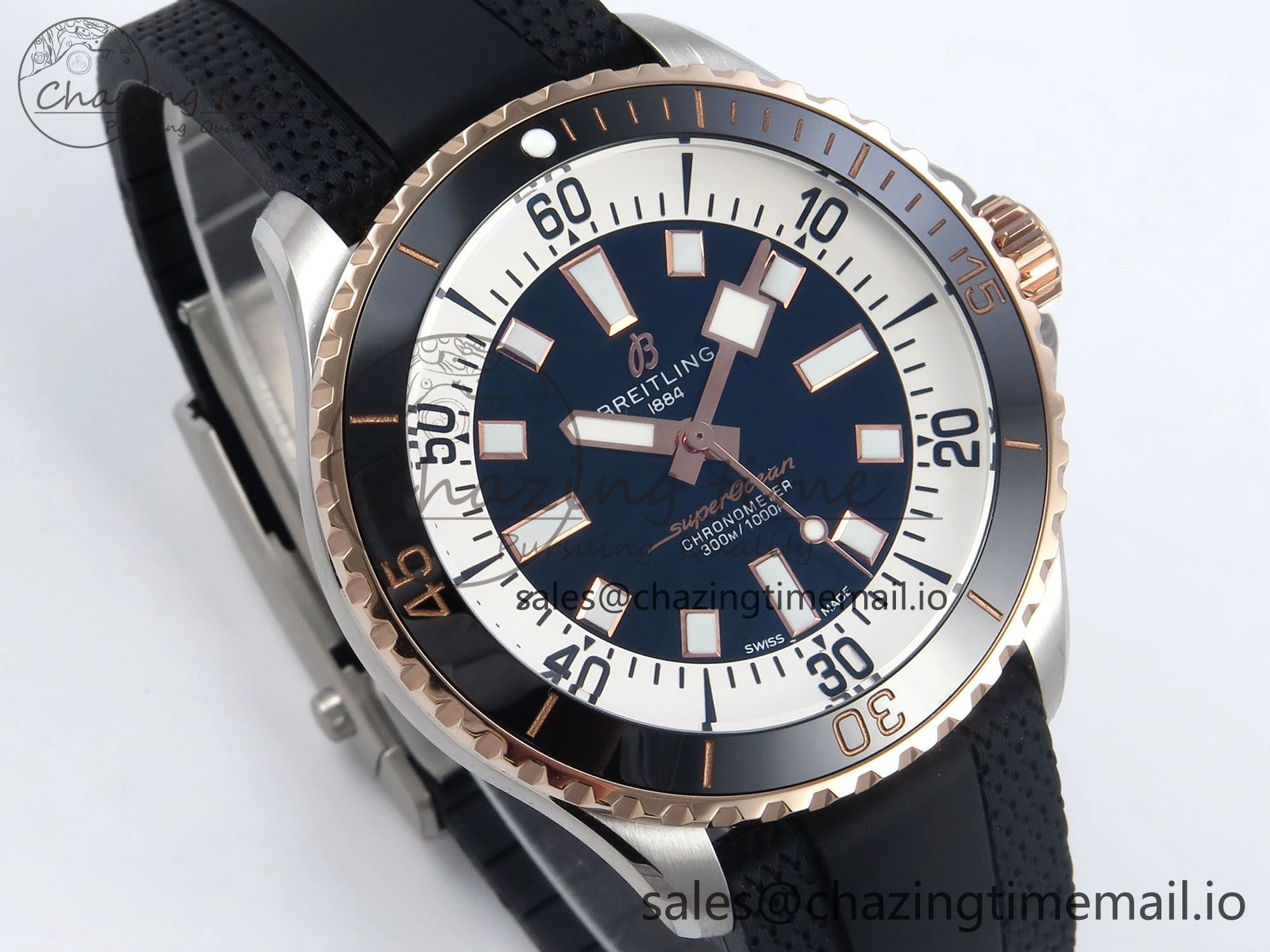 Superocean 44mm SS RG TF 1:1 Best Edition Black Dial Black Bezel on Black Rubber Strap A2824