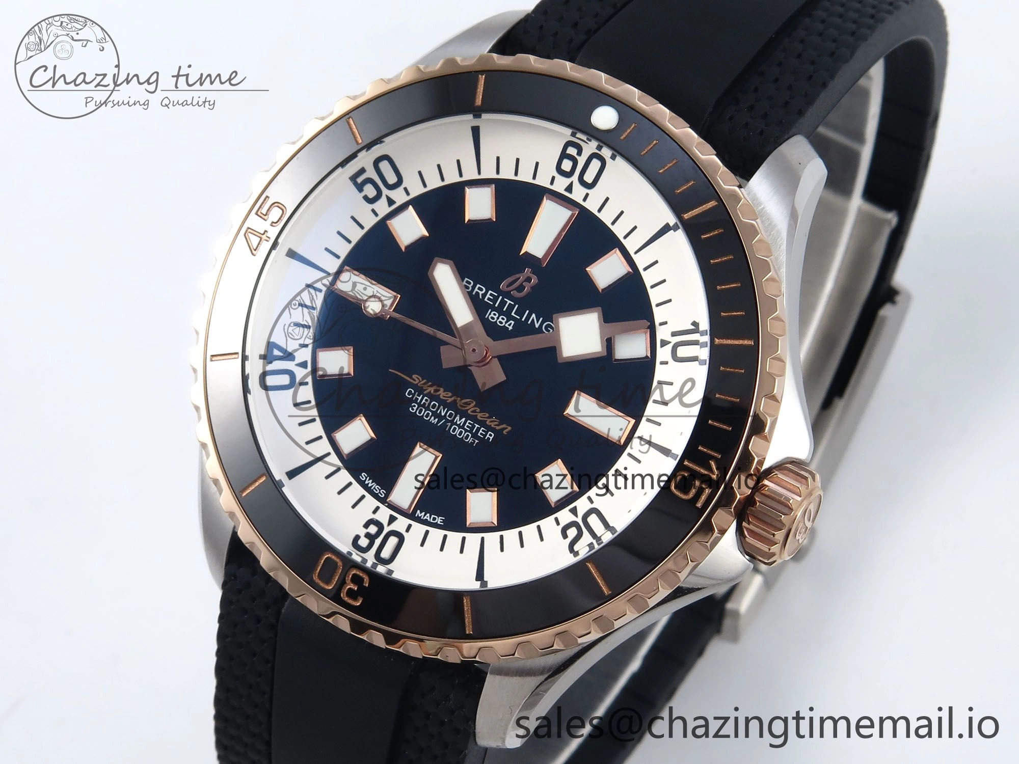 Superocean 44mm SS RG TF 1:1 Best Edition Black Dial Black Bezel on Black Rubber Strap A2824