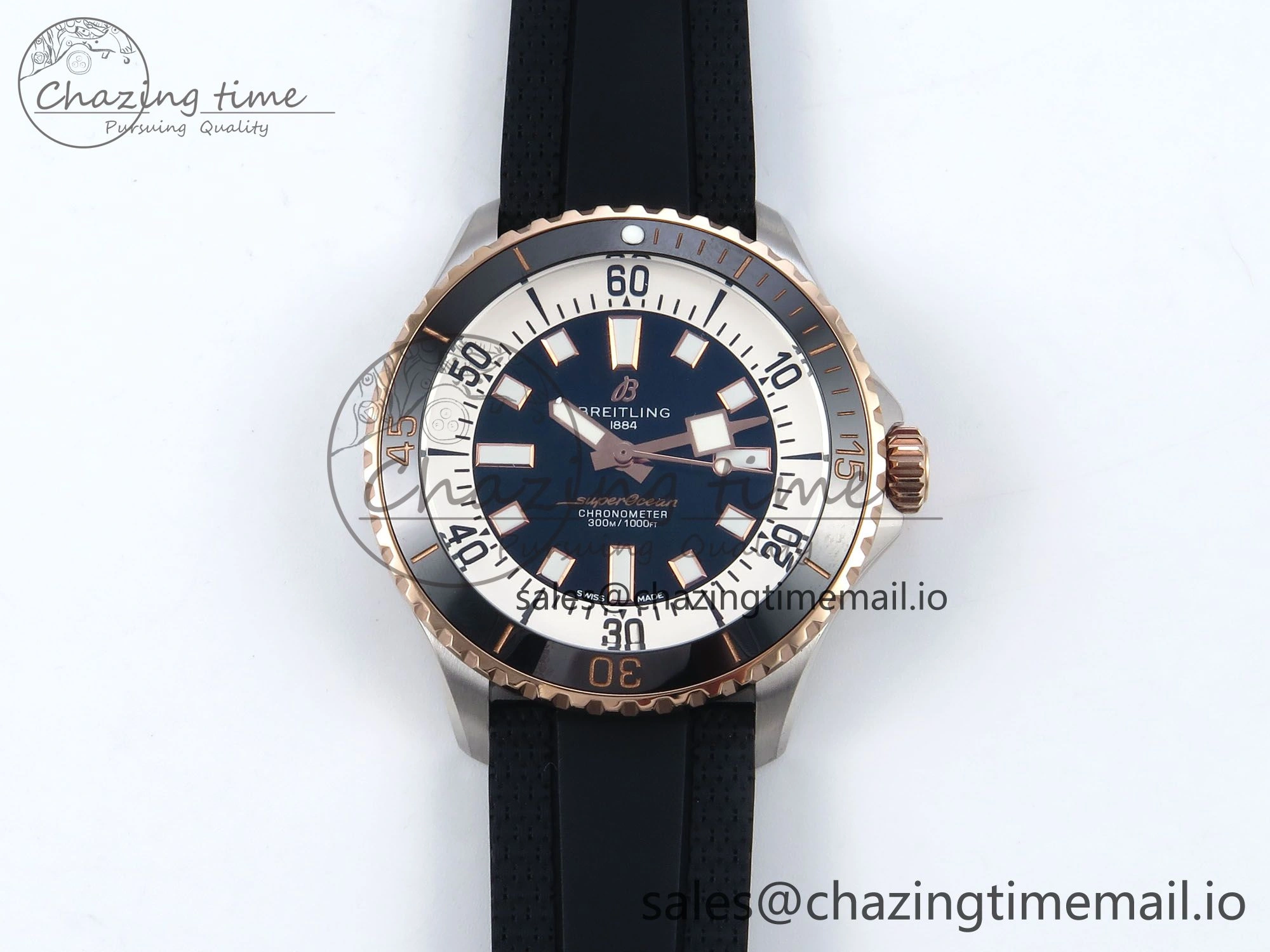 Superocean 44mm SS RG TF 1:1 Best Edition Black Dial Black Bezel on Black Rubber Strap A2824