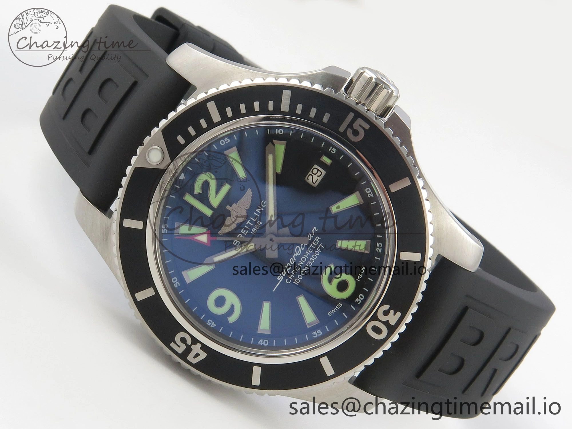 Superocean 46mm SS TF 1:1 Best Edition Black Dial Black Bezel on Blue Rubber Strap A2824 V2