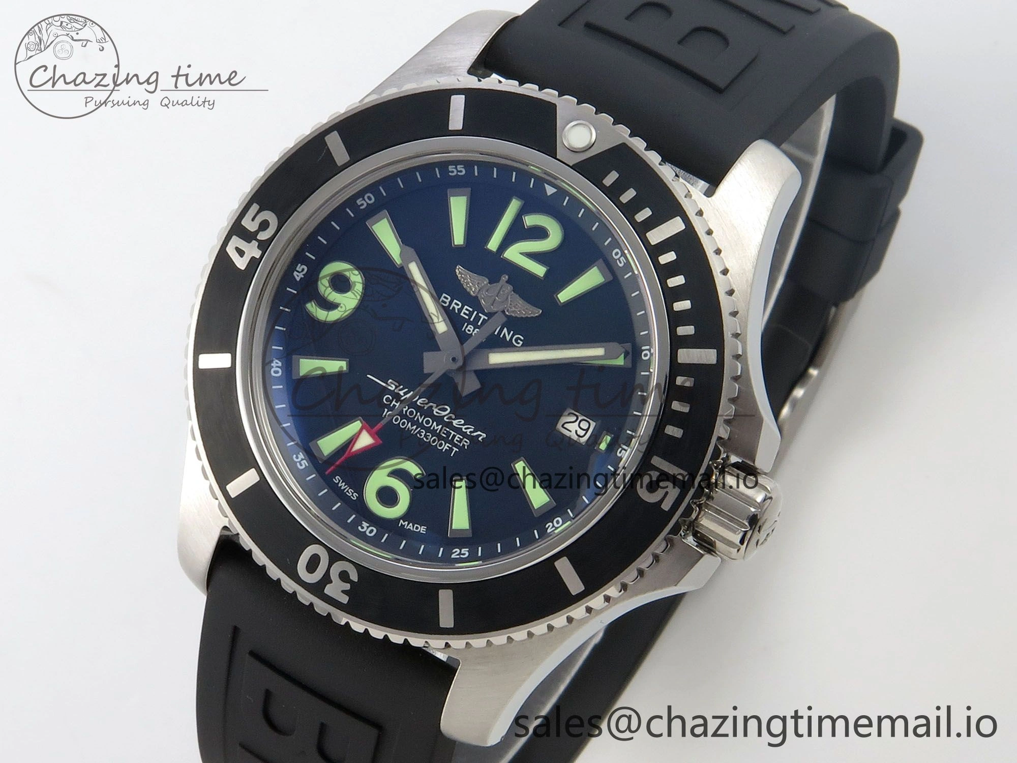 Superocean 46mm SS TF 1:1 Best Edition Black Dial Black Bezel on Blue Rubber Strap A2824 V2