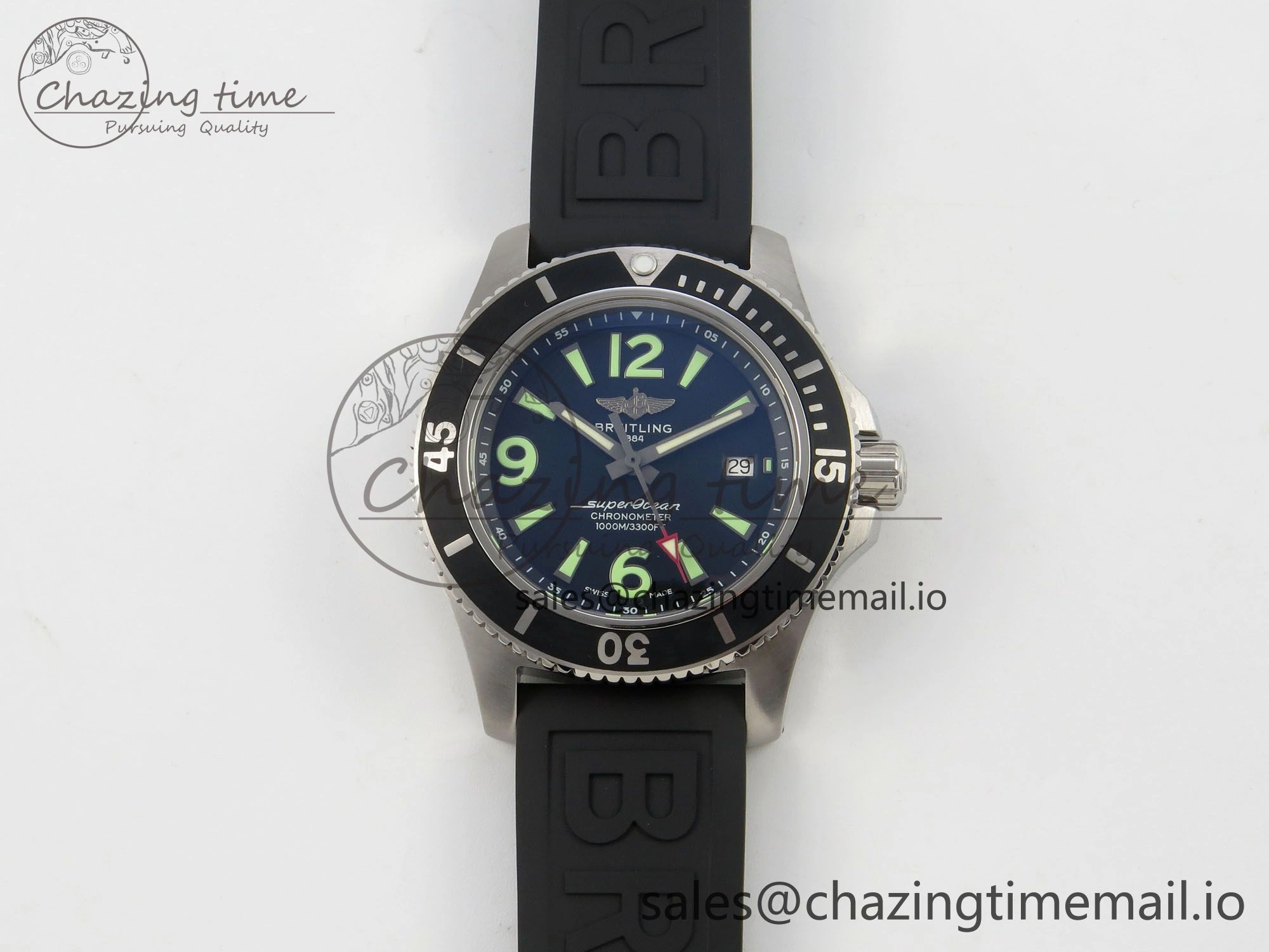 Superocean 46mm SS TF 1:1 Best Edition Black Dial Black Bezel on Blue Rubber Strap A2824 V2