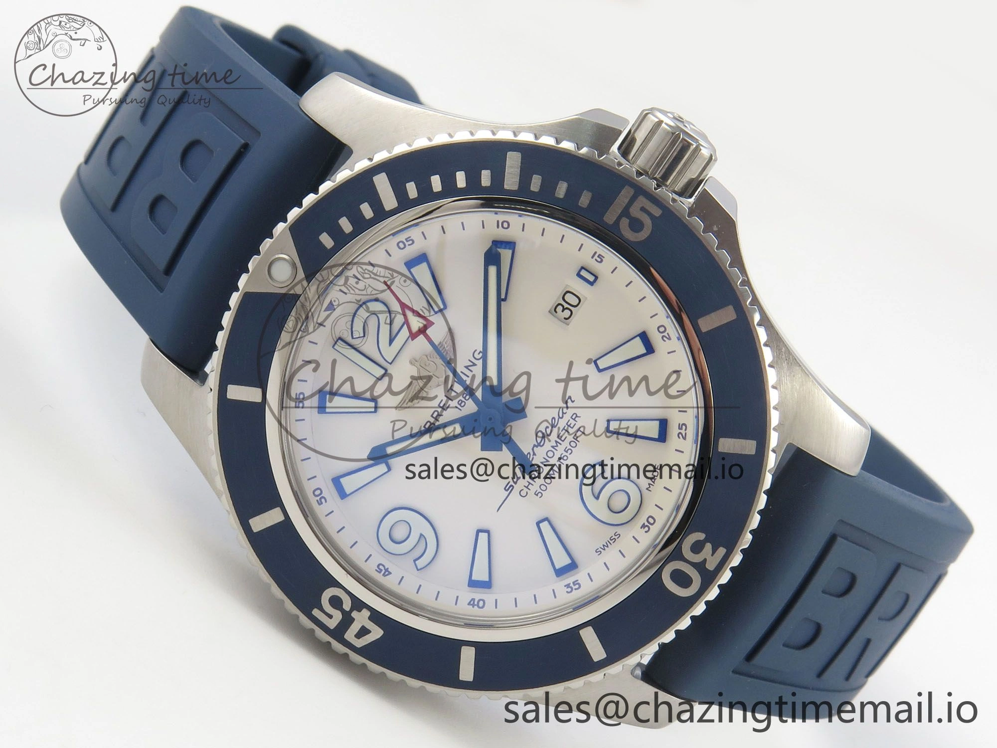 Superocean 46mm SS TF 1:1 Best Edition White Dial Blue Bezel on Blue Rubber Strap A2824 V2