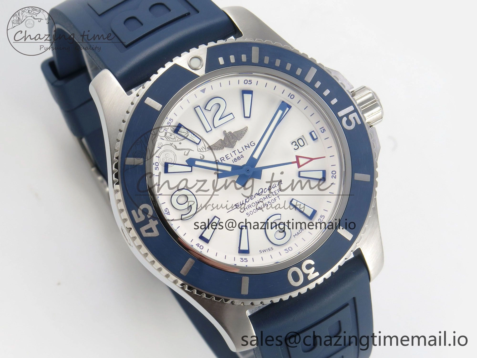 Superocean 46mm SS TF 1:1 Best Edition White Dial Blue Bezel on Blue Rubber Strap A2824 V2