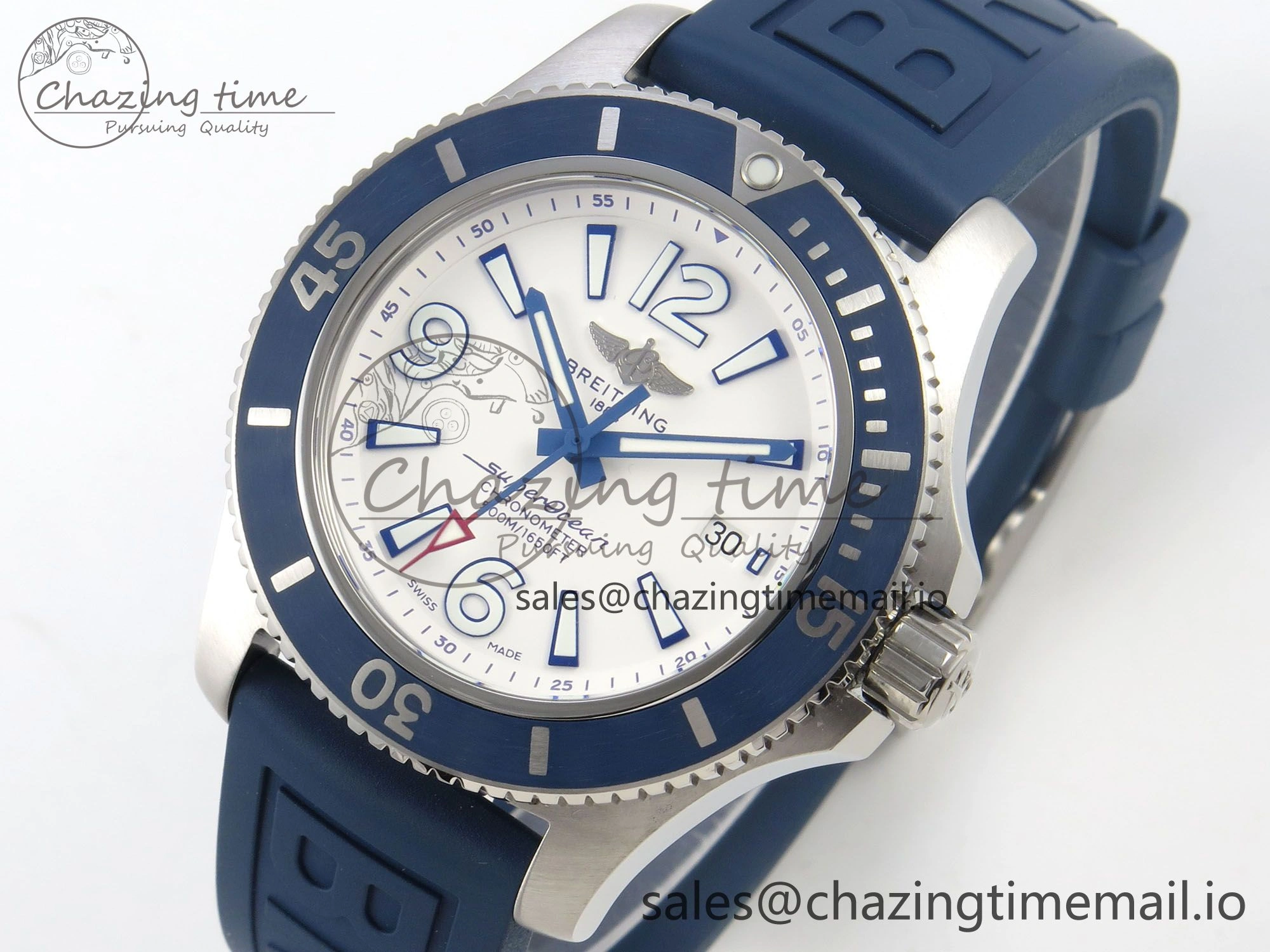 Superocean 46mm SS TF 1:1 Best Edition White Dial Blue Bezel on Blue Rubber Strap A2824 V2