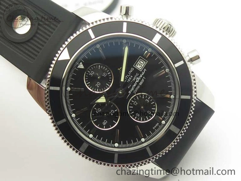 Superocean Heritage ii Chrono 46 SS OMF 1:1 Best Edition Black Bezel Black Dial on Black Rubber Strap A7750