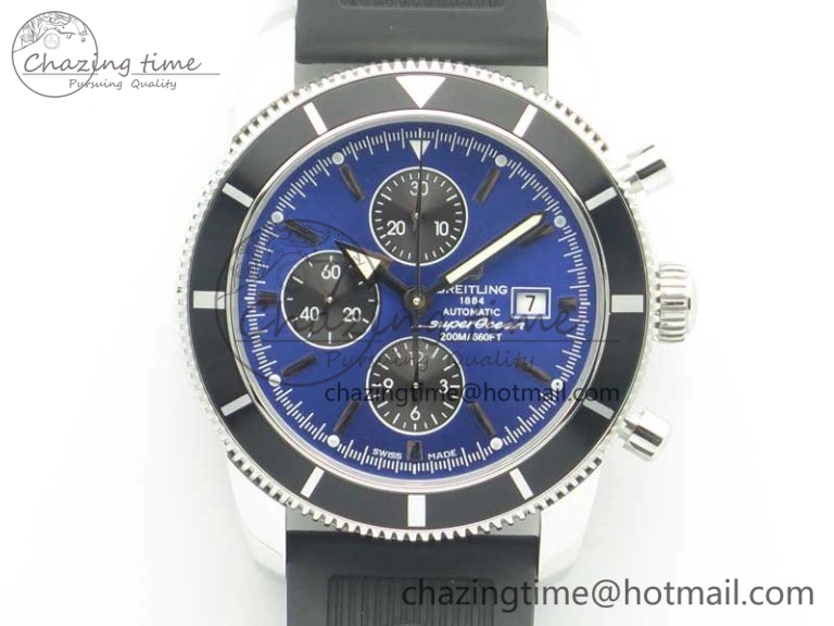 Superocean Heritage ii Chrono 46 SS OMF 1:1 Best Edition Blue Bezel Blue Black Dial on Black Rubber Strap A7750