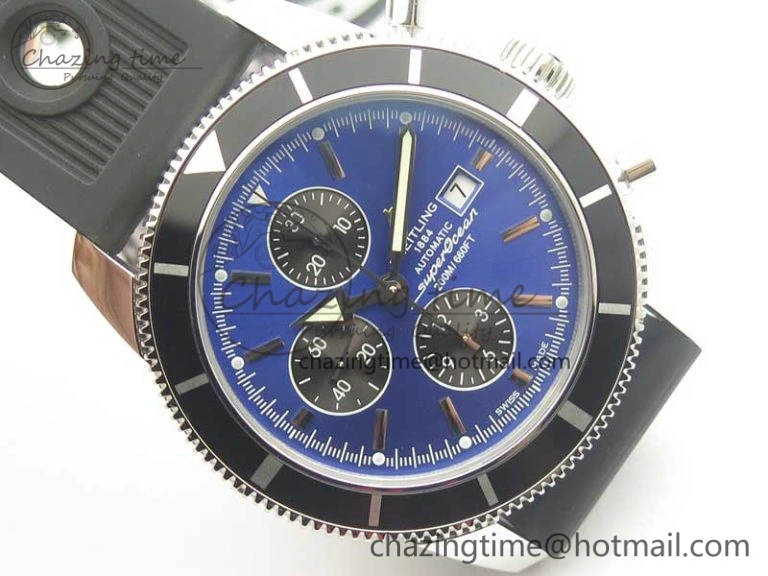 Superocean Heritage ii Chrono 46 SS OMF 1:1 Best Edition Blue Bezel Blue Black Dial on Black Rubber Strap A7750