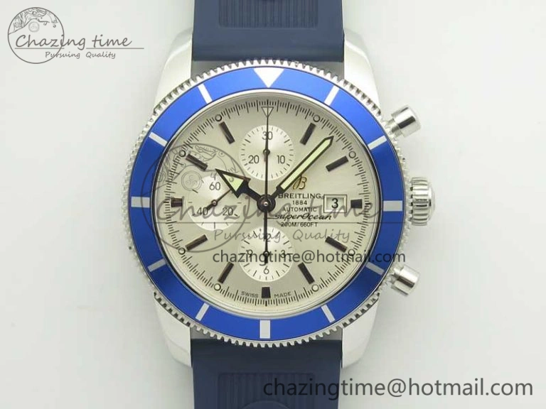 Superocean Heritage ii Chrono 46 SS OMF 1:1 Best Edition Blue Bezel White Dial on Blue Rubber Strap A7750