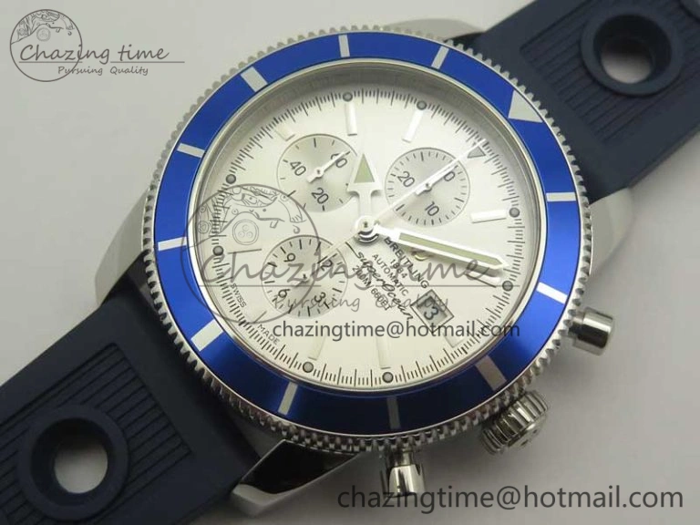 Superocean Heritage ii Chrono 46 SS OMF 1:1 Best Edition Blue Bezel White Dial on Blue Rubber Strap A7750