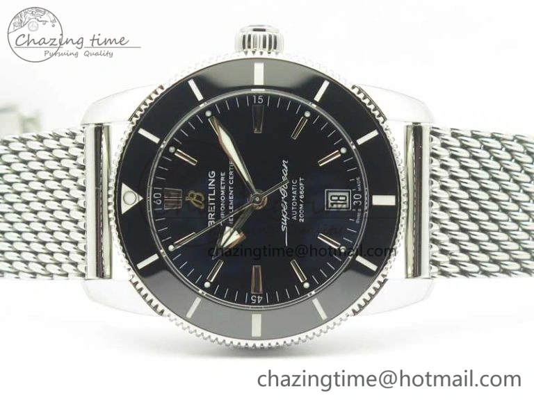 Superocean Héritage II 42 SS GF 1:1 Best Edition Black Ceramic Black Dial on SS Mesh Bracelet MIYOTA 9015
