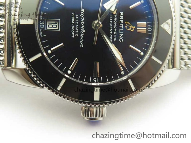 Superocean Héritage II 42 SS GF 1:1 Best Edition Black Ceramic Black Dial on SS Mesh Bracelet MIYOTA 9015