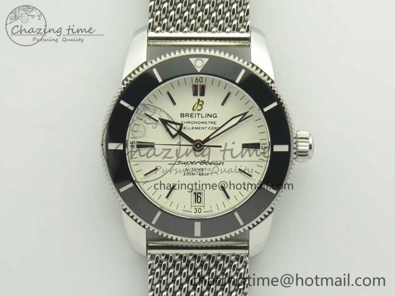 Superocean Héritage II 42 SS GF 1:1 Best Edition Black Ceramic White Dial on SS Mesh Bracelet MIYOTA 9015