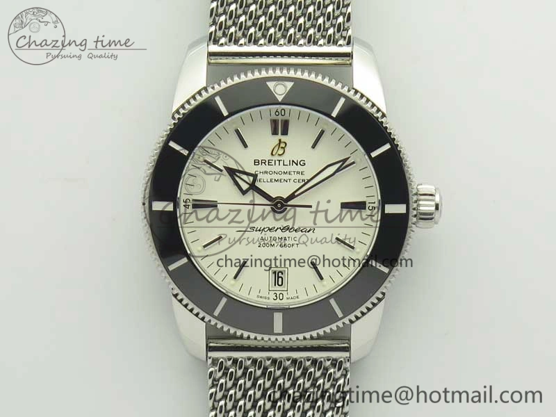 Superocean Héritage II 42 SS GF 1:1 Best Edition Black Ceramic White Dial on SS Mesh Bracelet MIYOTA 9015