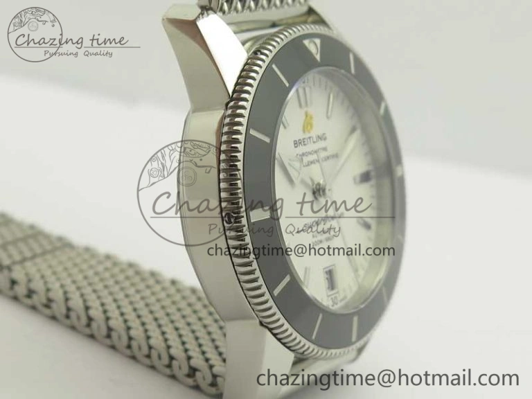 Superocean Héritage II 42 SS GF 1:1 Best Edition Black Ceramic White Dial on SS Mesh Bracelet MIYOTA 9015