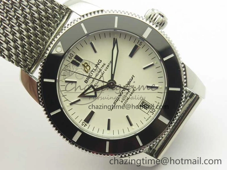 Superocean Héritage II 42 SS GF 1:1 Best Edition Black Ceramic White Dial on SS Mesh Bracelet MIYOTA 9015