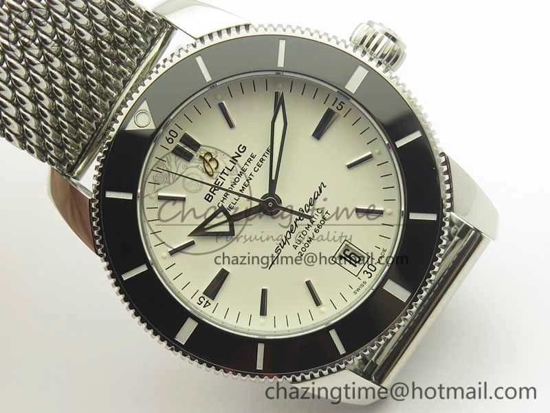 Superocean Héritage II 42 SS GF 1:1 Best Edition Black Ceramic White Dial on SS Mesh Bracelet MIYOTA 9015