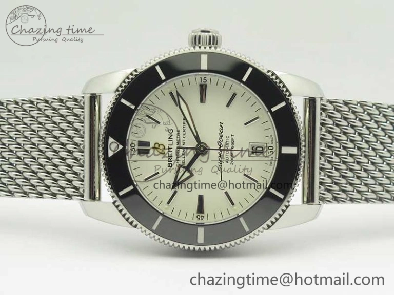 Superocean Héritage II 42 SS GF 1:1 Best Edition Black Ceramic White Dial on SS Mesh Bracelet MIYOTA 9015