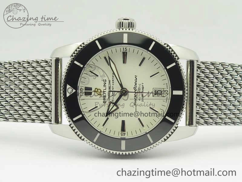 Superocean Héritage II 42 SS GF 1:1 Best Edition Black Ceramic White Dial on SS Mesh Bracelet MIYOTA 9015