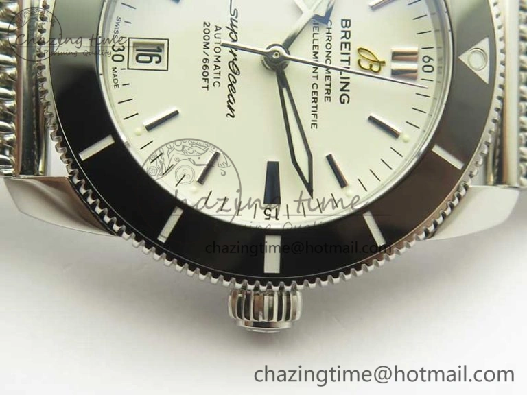 Superocean Héritage II 42 SS GF 1:1 Best Edition Black Ceramic White Dial on SS Mesh Bracelet MIYOTA 9015
