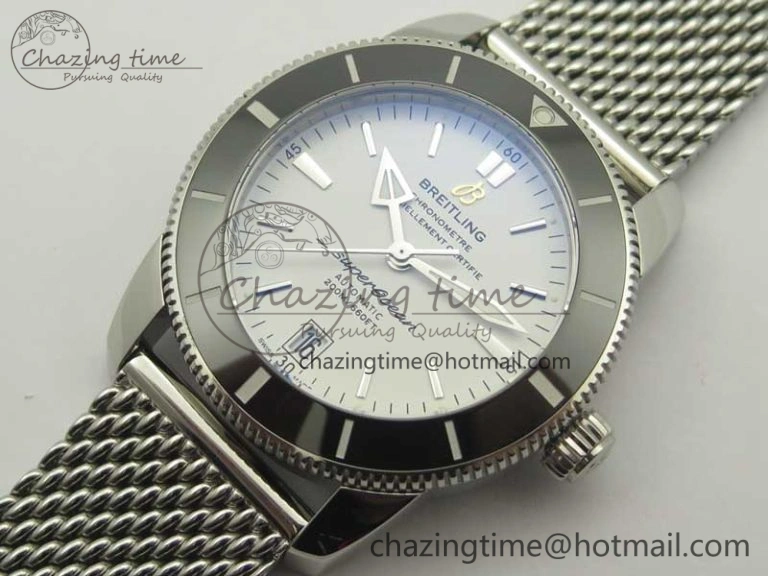 Superocean Héritage II 42 SS GF 1:1 Best Edition Black Ceramic White Dial on SS Mesh Bracelet MIYOTA 9015