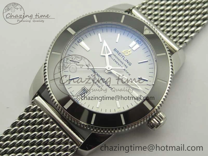 Superocean Héritage II 42 SS GF 1:1 Best Edition Black Ceramic White Dial on SS Mesh Bracelet MIYOTA 9015