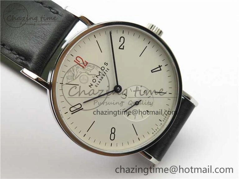 Tangente Automatic 38mm SS MKS 1:1 Best Edition White Dial Red 12 Marker on Black Leather Strap A23J