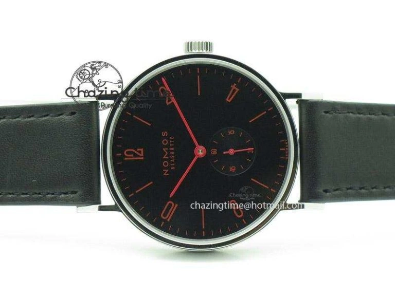 Tangente SS Black Dial Red Number Markers On Black Leather Strap A2813
