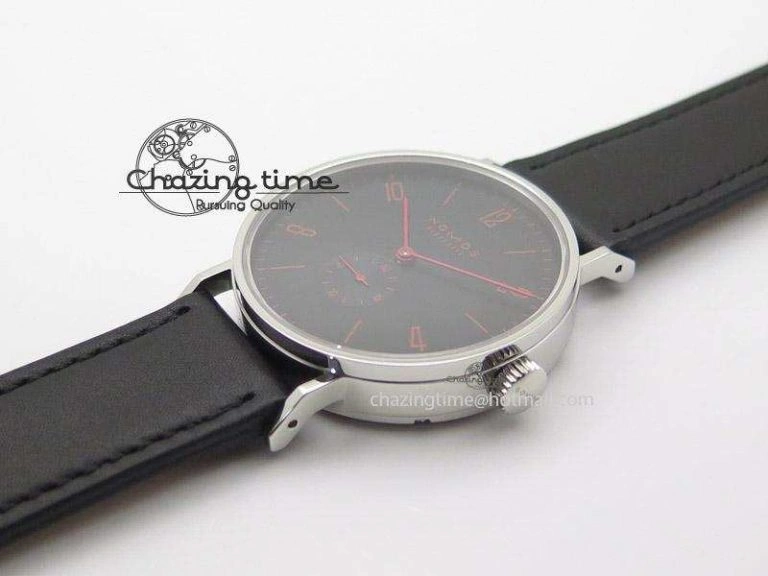 Tangente SS Black Dial Red Number Markers On Black Leather Strap A2813