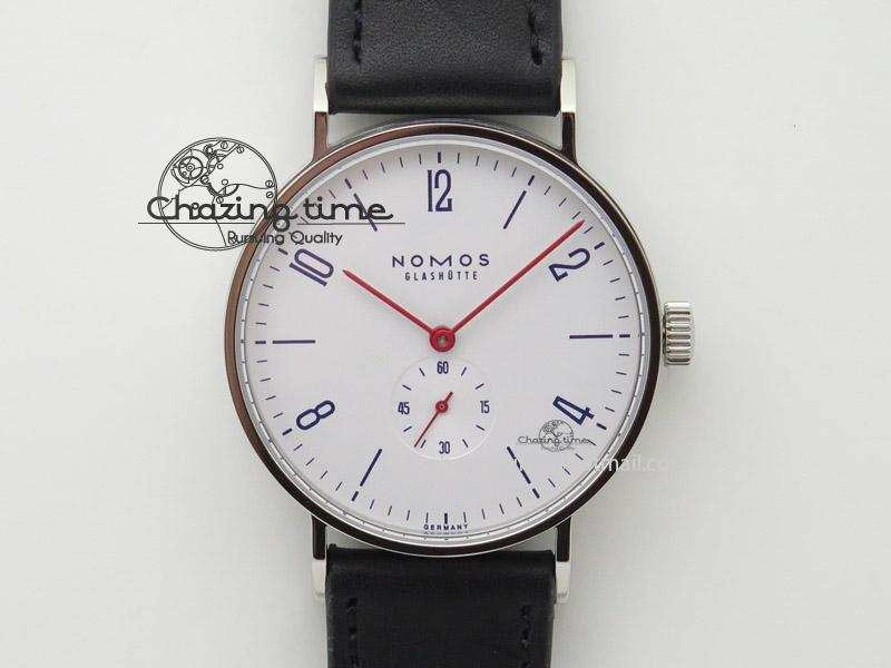 Tangente SS White Dial On Blue Number Markers Red Handset On Black Leather Strap A2813