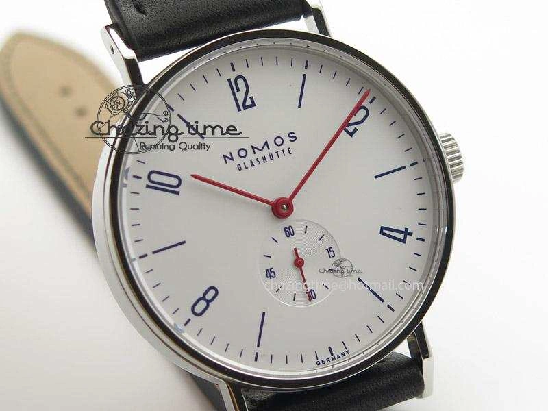 Tangente SS White Dial On Blue Number Markers Red Handset On Black Leather Strap A2813