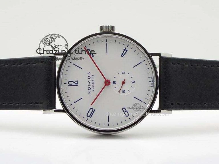 Tangente SS White Dial On Blue Number Markers Red Handset On Black Leather Strap A2813
