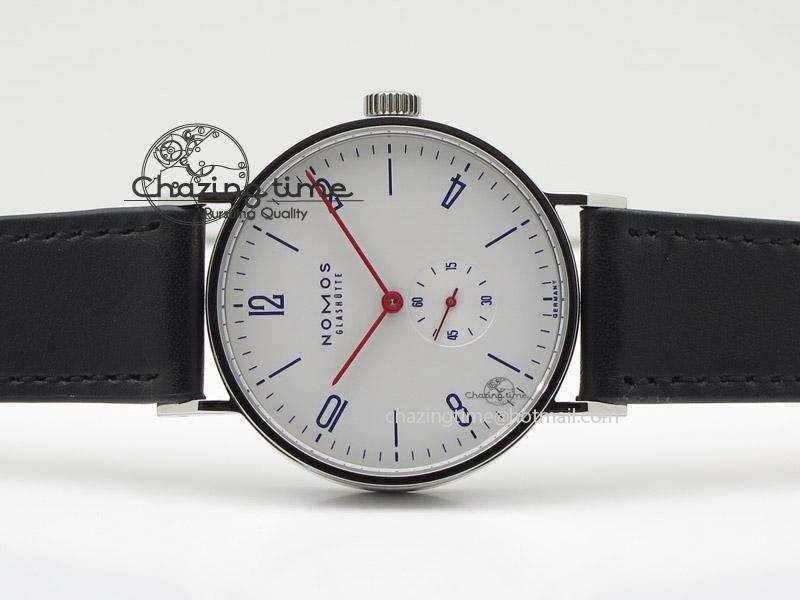 Tangente SS White Dial On Blue Number Markers Red Handset On Black Leather Strap A2813
