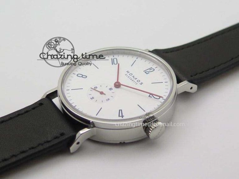Tangente SS White Dial On Blue Number Markers Red Handset On Black Leather Strap A2813
