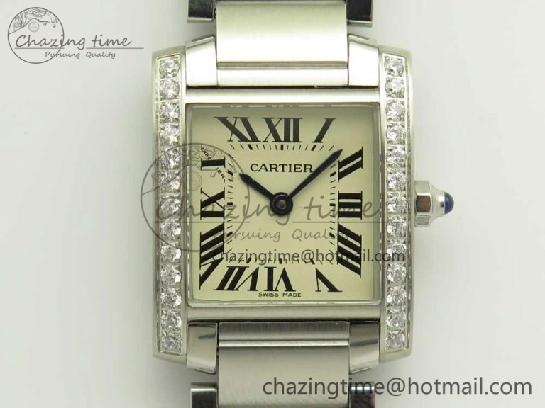 Tank Francaise Ladies 25mm Dia Bezel SS 8848F 1:1 Best Edition Ivory Dial on SS Bracelet Ronda Quartz