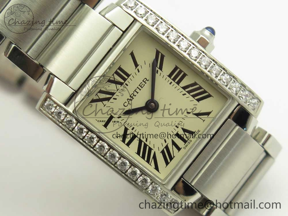 Tank Francaise Ladies 25mm Dia Bezel SS 8848F 1:1 Best Edition Ivory Dial on SS Bracelet Ronda Quartz
