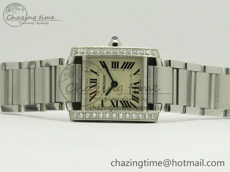 Tank Francaise Ladies 25mm Dia Bezel SS 8848F 1:1 Best Edition Ivory Dial on SS Bracelet Ronda Quartz