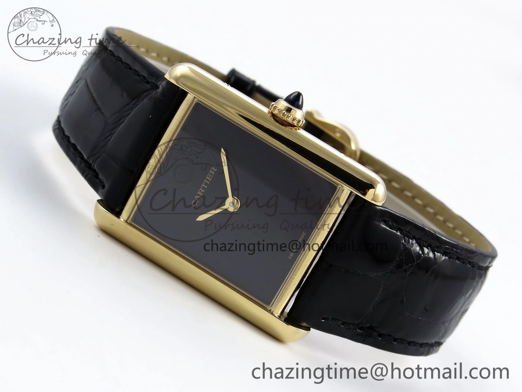 Tank Louis Cartier Large YG 33.7mm DRF 1:1 Best Edition Black Dial on Black Leather Strap Swiss Quartz