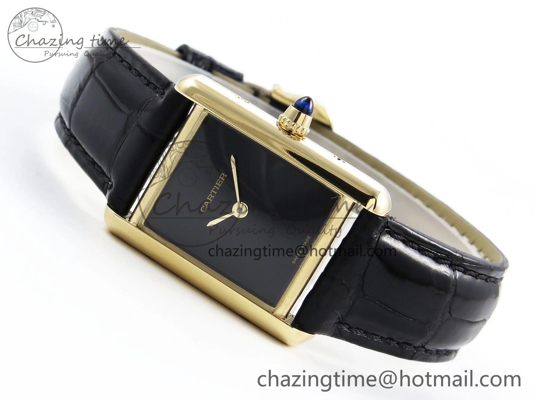 Tank Louis Cartier Small YG 29mm DRF 1:1 Best Edition Black Dial on Black Leather Strap Swiss Quartz