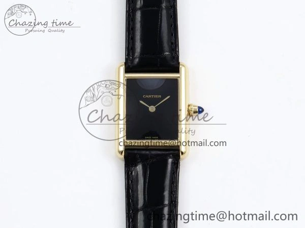 Tank Louis Cartier Small YG 29mm DRF 1:1 Best Edition Black Dial on Black Leather Strap Swiss Quartz