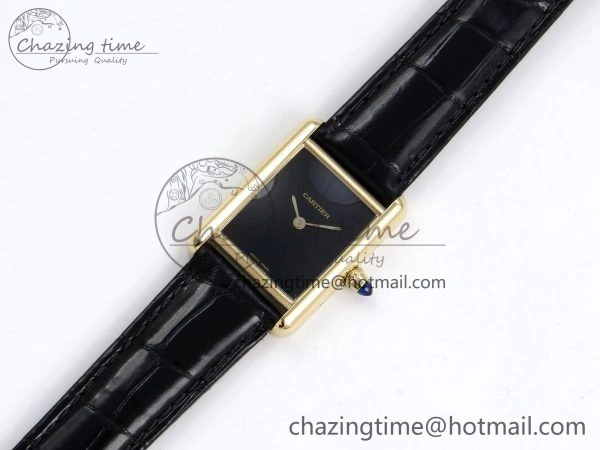 Tank Louis Cartier Small YG 29mm DRF 1:1 Best Edition Black Dial on Black Leather Strap Swiss Quartz