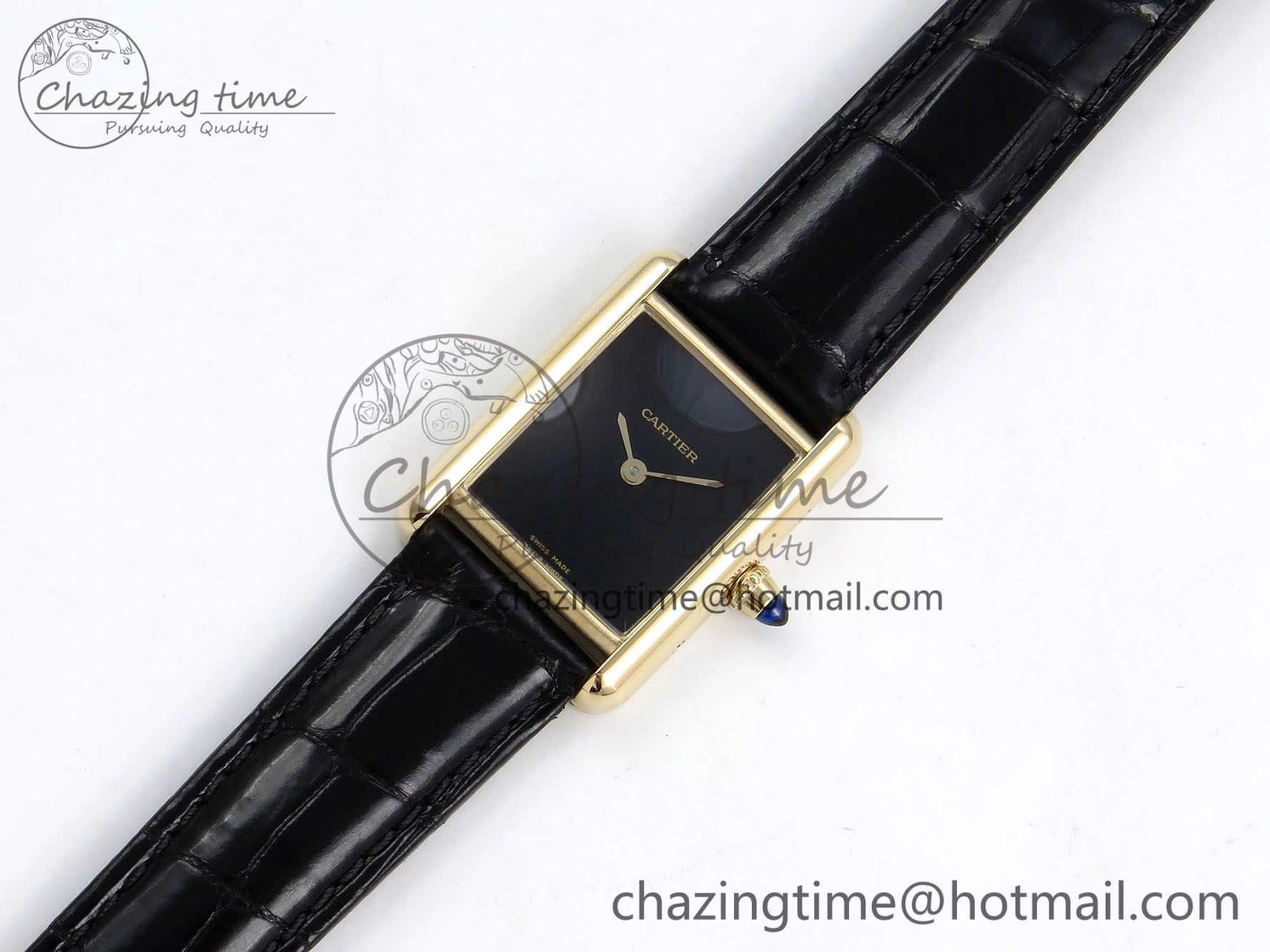 Tank Louis Cartier Small YG 29mm DRF 1:1 Best Edition Black Dial on Black Leather Strap Swiss Quartz