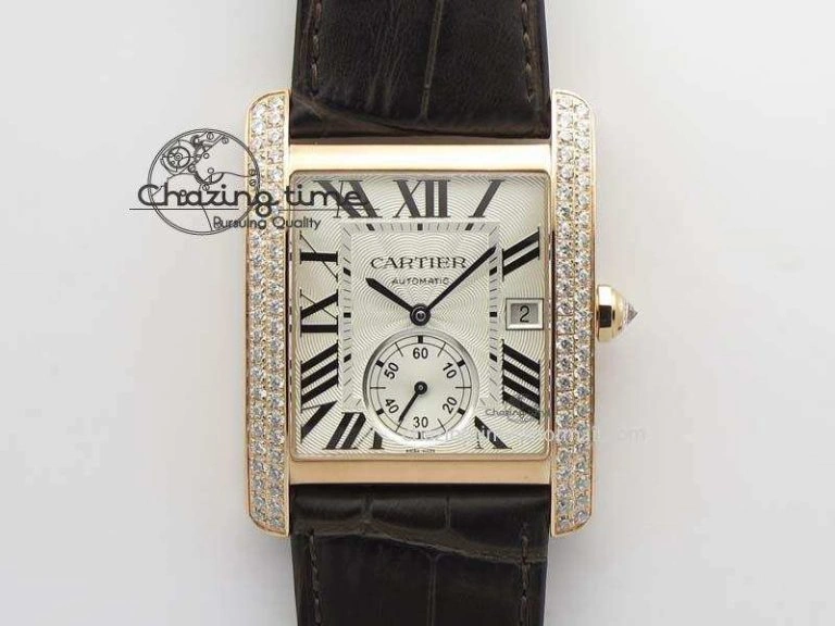 Tank MC JF Best Edition RG White Textured Dial Diamond Bezel On Brown Leather Strap A23J Cal