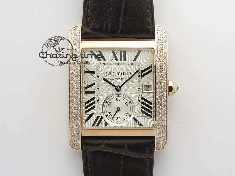 Tank MC JF Best Edition RG White Textured Dial Diamond Bezel On Brown Leather Strap A23J Cal