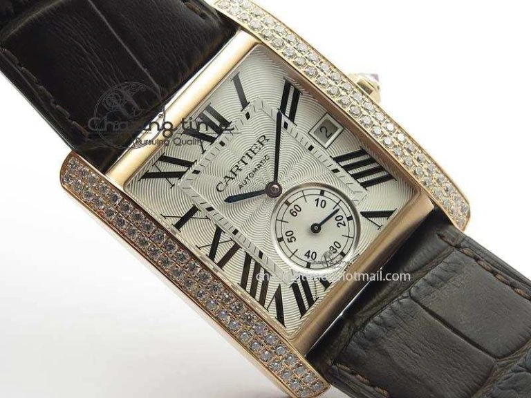 Tank MC JF Best Edition RG White Textured Dial Diamond Bezel On Brown Leather Strap A23J Cal